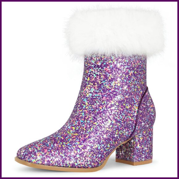 Sparkly Glitter Ankle Boots Chunky Heel Square Toe Faux Fur
